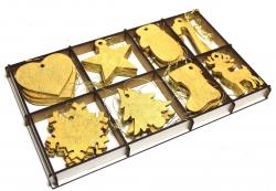 Altın Rengi Yılbaşı Ağacı Süsü 8 Model Ahşap Kutuda, 32 Adet HK0360-200