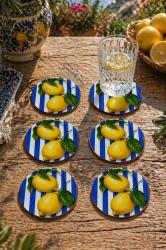 Çizgili Limon Desenli Bardak Altlığı 6'lı Set – 9 cm, 3 mm MDF, UV Baskı, Dekoratif Bardak Altlık