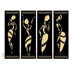 4'lü Afrikalı Dançı Kadınlar 2 Katlı Ahşap Oyma Tablo Altın Varak & Siyah HK1402