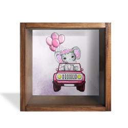 Camlı Ahşap Kumbara Kırmızı Arabalı Fil HK0658