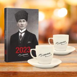 Atatürk Hediye Seti - 2li Atatürk İmza Fincan - Kalpaklı