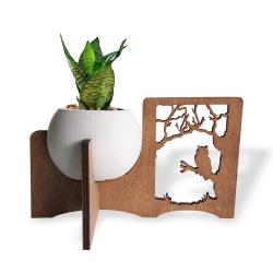Baykuş ve Orman Figürlü Beton Saksılı Ahşap Stand HK1667