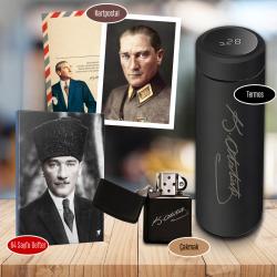 Dereceli Atatürk İmzalı Termos - 64 Sayfa Trablusgarp Atatürk Defter - Kartpostal ve Benzinli Çakmak