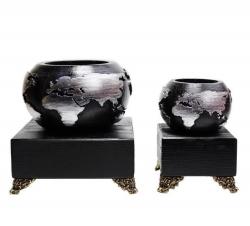 Dünya Beton Saksı 2'li Set Siyah Gümüş, Metal Ayaklı Ahşap Stand HK1619-G