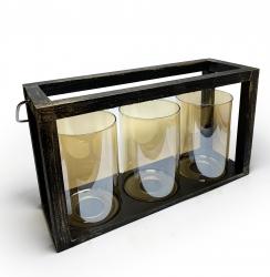 3'lü Ahşap Siyah Altın Varak Fener Mumluk HK0974-SAV