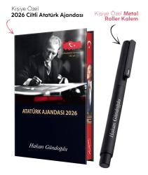 Kişiye Özel 2026 Atatürk Ciltli Ajanda ve Metal Roller Kalem