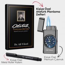 Kişiye Özel - Kalpaklı Siyah Planlama Defteri  - Piano Black Saatli Çakmak - Metal Roller Kalem