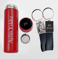 Kişiye Özel Kırmızı Dereceli Termos ve  Kocatepe Deri Anahtarlık
