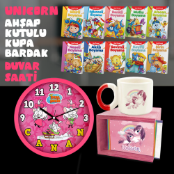 Unicorn Hediye Seti - Kutulu Fincan - Boyama Kitabı - Duvar Saati
