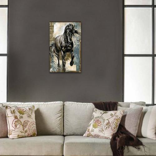Vera Siyah Koşan At Baskılı Ahşap Tablo Model 2