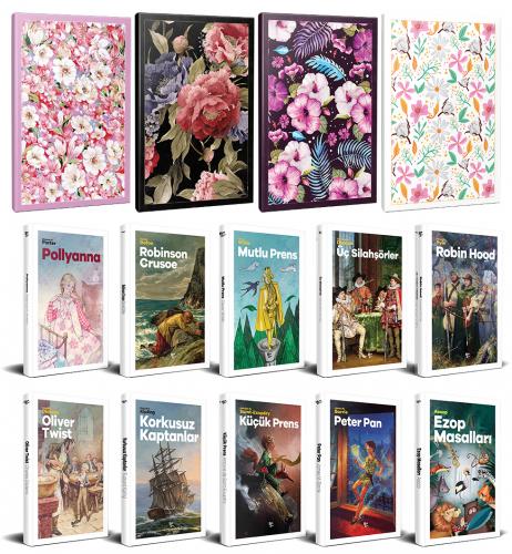 10 Dünya Çocuk Klasiği ve 4 Çiçekli Çizgili Defter -Set-2