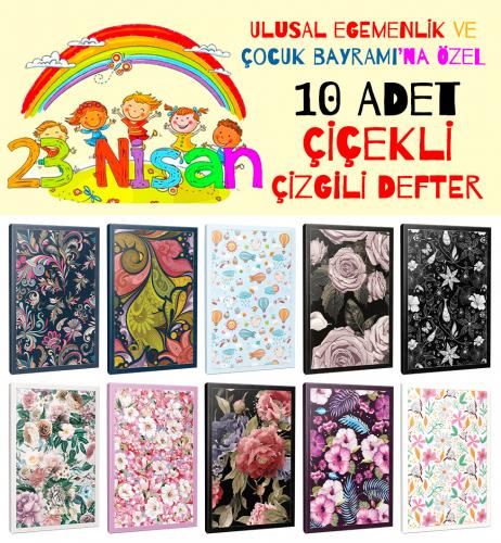 10lu Çiçek Temalı Çizgili Okul Defteri Seti - 64 Sayfa
