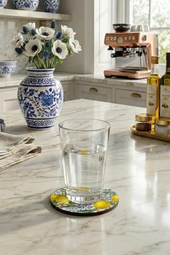 Sicilya Serisi Limon Desenli Bardak Altlığı 6'lı Set – UV Baskı, 3 mm 