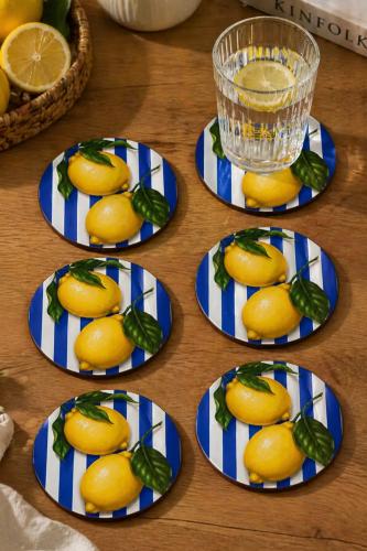 Çizgili Limon Desenli Bardak Altlığı 6'lı Set – 9 cm, 3 mm MDF, UV Bas