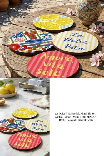 La Dolce Vita Bardak Altlığı 4'lü Set – Sicilya Temalı - 9 cm, 3 mm MD