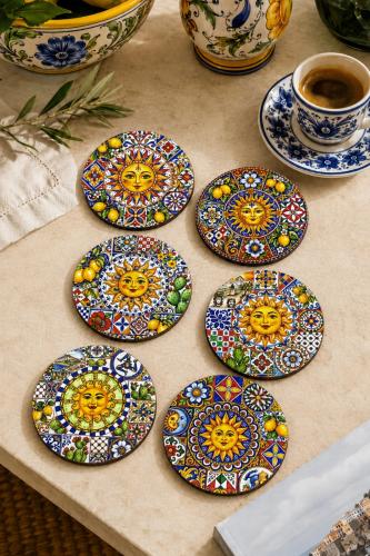Sunshine Sicilya Temalı Bardak Altlığı 6'lı Set – Güneş Figürlü Limon Desenli, 9 cm, 3 mm MDF, UV Baskı Dekoratif Bardak Altlık