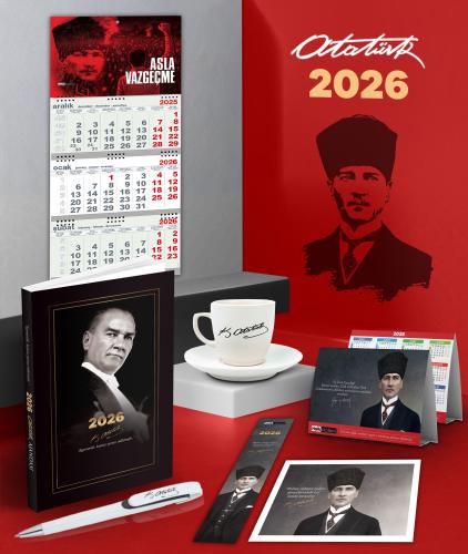2026 Atatürk Gazi Paşa Ajanda - Duvar Takvimi-AV - Masa Takvimi - Ayraç - Kartpostal - Metal Roller Kalem ve İmza Kahve Fincanı