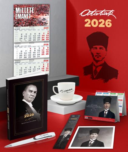 2026 Atatürk Gazi Paşa Ajanda - Duvar Takvimi-ME - Masa Takvimi - Ayraç - Kartpostal - Metal Roller Kalem ve İmza Kahve Fincanı