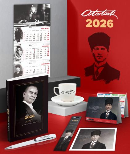 2026 Atatürk Gazi Paşa Ajanda - İmza Duvar Takvimi - Masa Takvimi - Ayraç - Kartpostal - Metal Roller Kalem ve İmza Kahve Fincanı