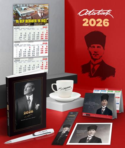 2026 Atatürk İstikbal Ajanda - Duvar Takvimi-YHBYH - Masa Takvimi - Ayraç - Kartpostal - Metal Roller Kalem ve İmza Kahve Fincanı