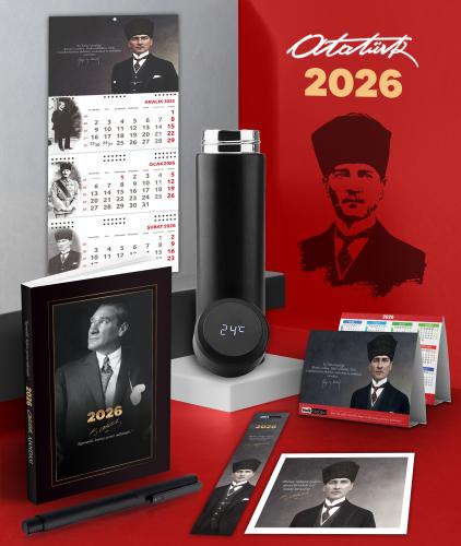 2026 Atatürk İstikbal Ajanda - Gazi Duvar Takvimi - Masa Takvimi - Ayraç - Kartpostal - Metal Roller Kalem ve Dereceli Termos