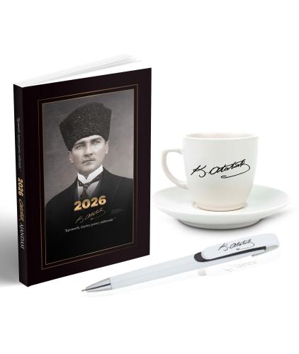 2026 Atatürk Kalpaklı Ajanda - Atatürk İmza Baskılı Kahve Fincanı - Ayraç - Kartpostal