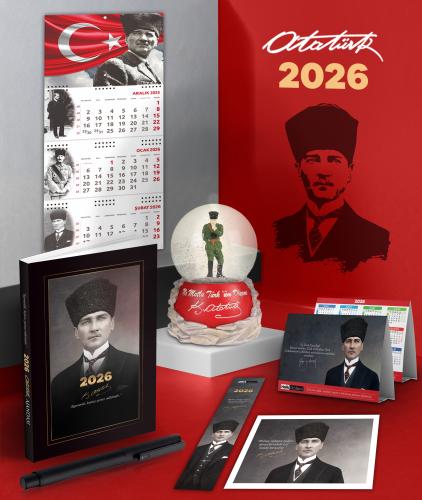2026 Atatürk Kalpaklı Ajanda - Ayyıldız Duvar Takvimi - Masa Takvimi - Ayraç - Kartpostal - Metal Roller Kalem ve İzmir Marşı Kar Küresi