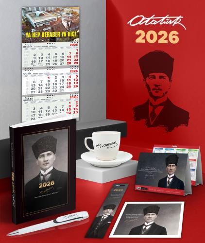 2026 Atatürk Kalpaklı Ajanda - Duvar Takvimi-YHBYH - Masa Takvimi - Ayraç - Kartpostal - Metal Roller Kalem ve İmza Kahve Fincanı
