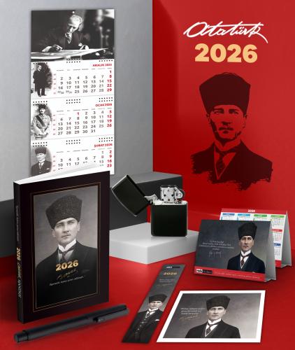 2026 Atatürk Kalpaklı Ajanda - İmza Duvar Takvimi - Masa Takvimi - Ayraç - Kartpostal - Metal Roller Kalem ve Benzinli Çakmak