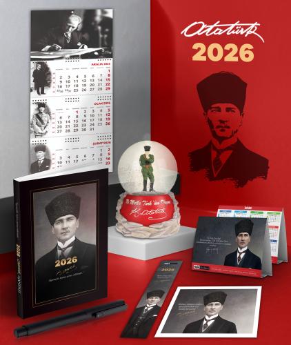 2026 Atatürk Kalpaklı Ajanda - İmza Duvar Takvimi - Masa Takvimi - Ayraç - Kartpostal - Metal Roller Kalem ve İzmir Marşı Kar Küresi