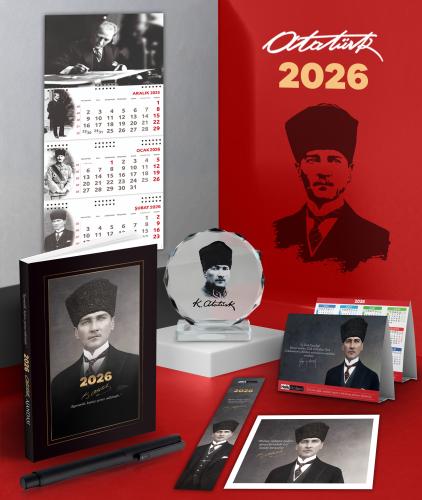 2026 Atatürk Kalpaklı Ajanda - İmza Duvar Takvimi - Masa Takvimi - Ayraç - Kartpostal - Metal Roller Kalem ve Kristal Portre