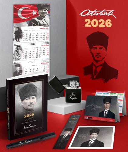 Kişiye Özel 2026 Atatürk Komutan Ajanda - Ayyıldız Duvar Takvimi - Masa Takvimi - Ayraç - Kartpostal - Metal Roller Kalem ve Benzinli Çakmak