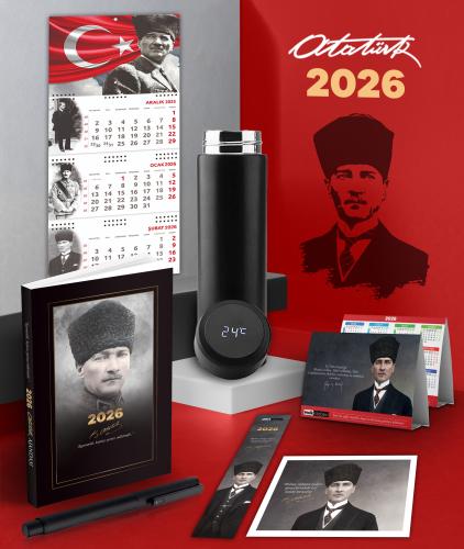 2026 Atatürk Komutan Ajanda - Ayyıldız Duvar Takvimi - Masa Takvimi - Ayraç - Kartpostal - Metal Roller Kalem ve Dereceli Termos
