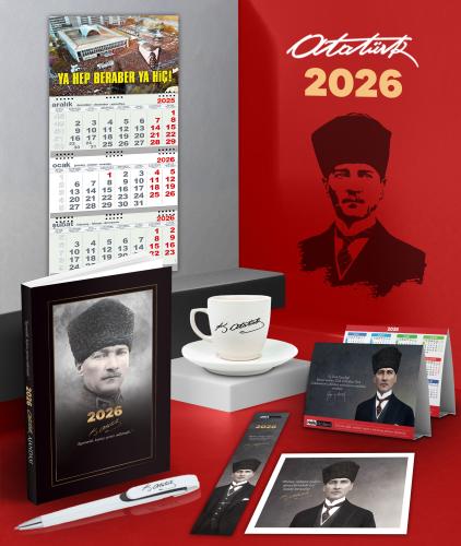 2026 Atatürk Komutan Ajanda - Duvar Takvimi-YHBYH - Masa Takvimi - Ayraç - Kartpostal - Metal Roller Kalem ve İmza Kahve Fincanı