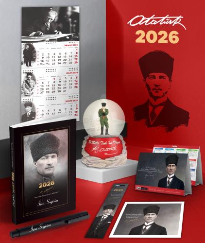 Kişiye Özel 2026 Atatürk Komutan Ajanda - İmza Duvar Takvimi - Masa Takvimi - Ayraç - Kartpostal - Metal Roller Kalem ve İzmir Marşı Kar Küresi