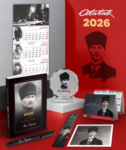 Kişiye Özel 2026 Atatürk Komutan Ajanda - İmza Duvar Takvimi - Masa Takvimi - Ayraç - Kartpostal - Metal Roller Kalem ve Kristal Portre