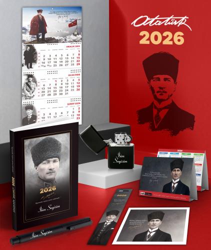 Kişiye Özel 2026 Atatürk Komutan Ajanda - Sakarya Duvar Takvimi - Masa Takvimi - Ayraç - Kartpostal - Metal Roller Kalem ve Benzinli Çakmak