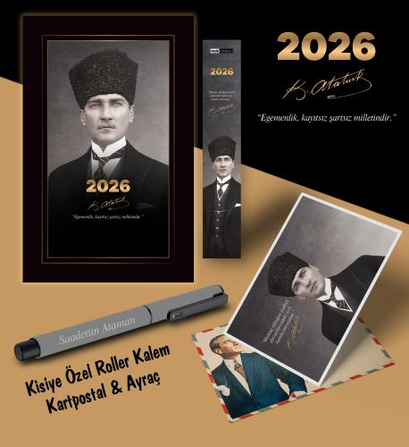 2026 Kalpaklı Atatürk Ajandası Ayraç Kartpostal Kalem - Gri - Halkkita