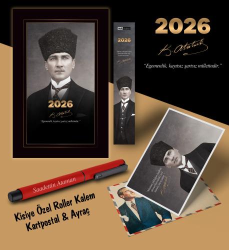 2026 Kalpaklı Atatürk Ajandası Ayraç Kartpostal Kalem - Kırmızı - Halk