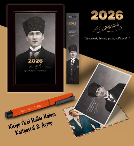 2026 Kalpaklı Atatürk Ajandası Ayraç Kartpostal Kalem - Turuncu - Halk