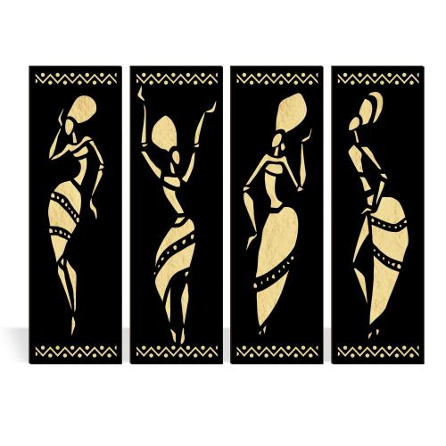 4'lü Afrikalı Dançı Kadınlar 2 Katlı Ahşap Oyma Tablo Altın Varak & Si