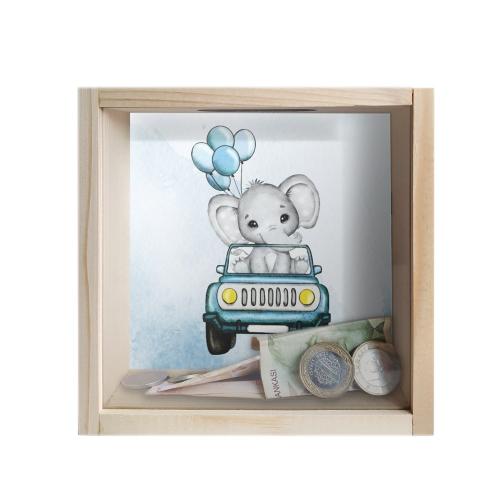 Camlı Ahşap Kumbara Mavi Arabalı Fil Ham Ahşap - Halkkitabevi