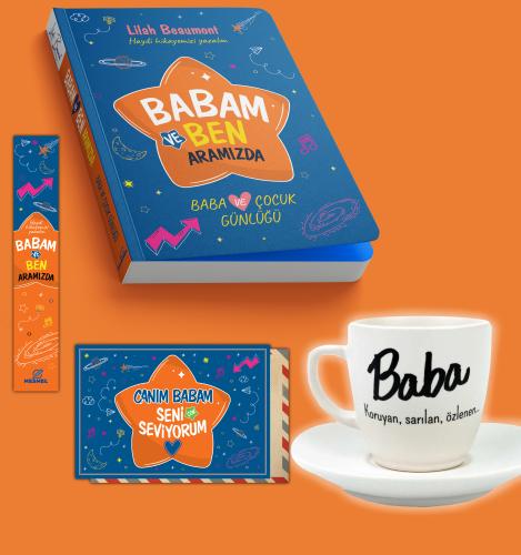 Babam ve Ben Aramızda Günlüğü Ayraç, Kartpostal ve Baba Yazılı Seramik Tekli Kahve Fincan Seti