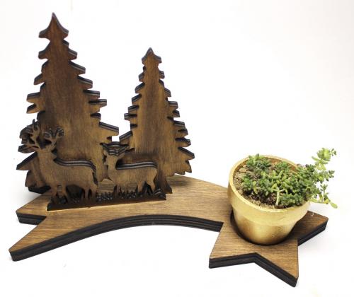 Ahşap Ağaç, Geyik ve Kayan Yıldızlı Beton Saksılık