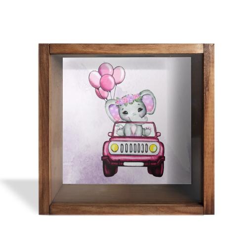 Camlı Ahşap Kumbara Kırmızı Arabalı Fil