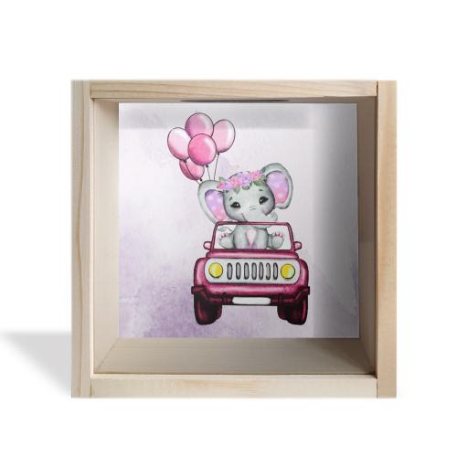 Camlı Ahşap Kumbara Kırmızı Arabalı Fil Ham Ahşap