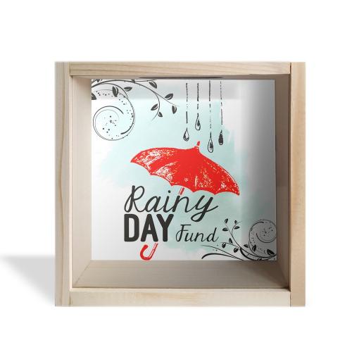 Camlı Ahşap Kumbara Kırmızı Şemsiyeli Ham Ahşap