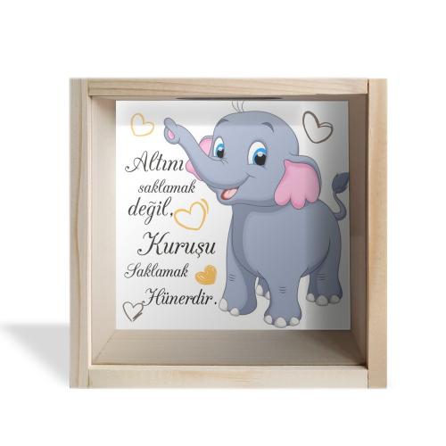 Camlı Ahşap Kumbara Filli Ham Ahşap