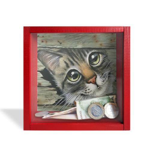 Camlı Ahşap Kumbara Kedicik Kırmızı