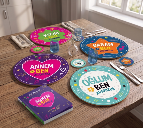 Annem ve Ben Aramızda 30cm Supla ve 9cm Bardak Altlığı Seti UV Baskı MDF